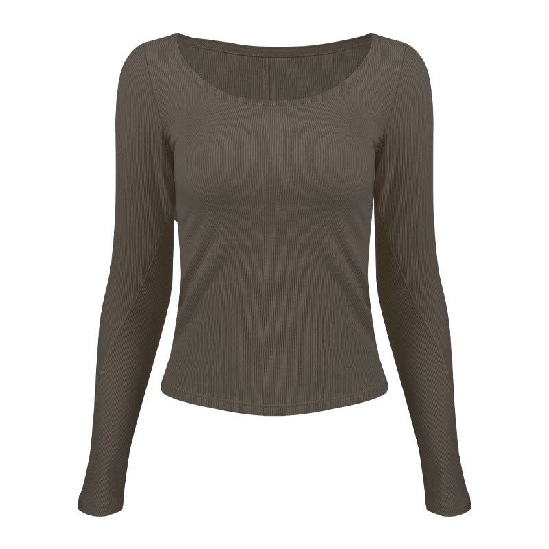 Women's Long Sleeve Ribbed T-Shirt with Wide Neckline and Fitted Cut
