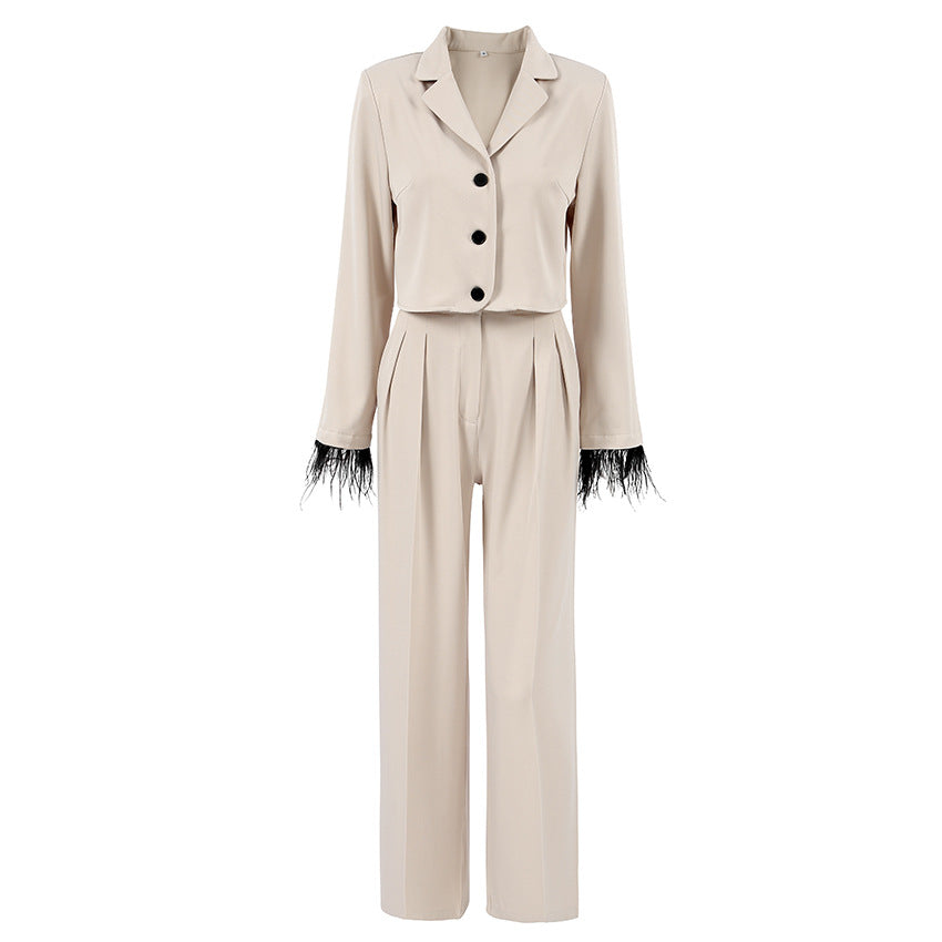 Ladies chic suit set with elegant feathers at the sleeves and high waistband