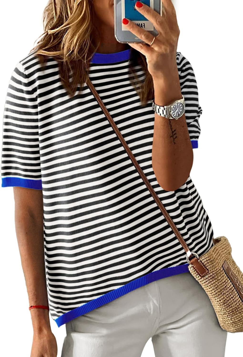 Women's comfortable striped casual blouse with contrast collar