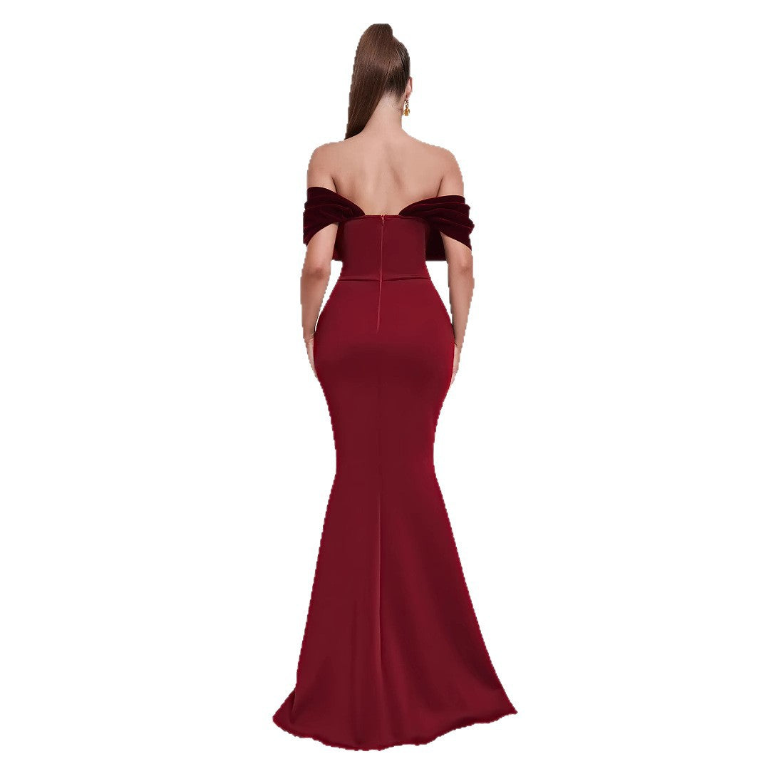 Ladies Elegant Mermaid Evening Dress with Off-Shoulder Design and Voluminous Puff Sleeves