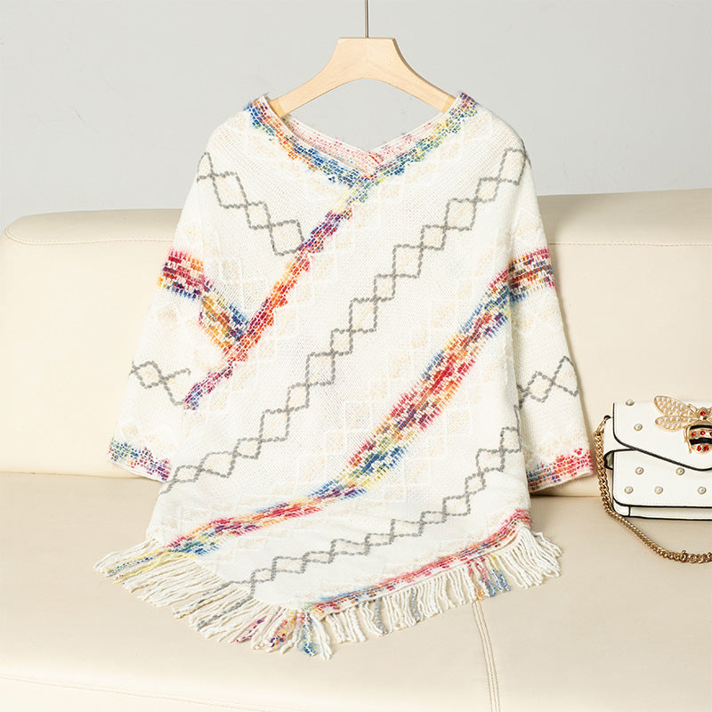 Ladies fashion wrap sweater with fringed hem and unique pattern