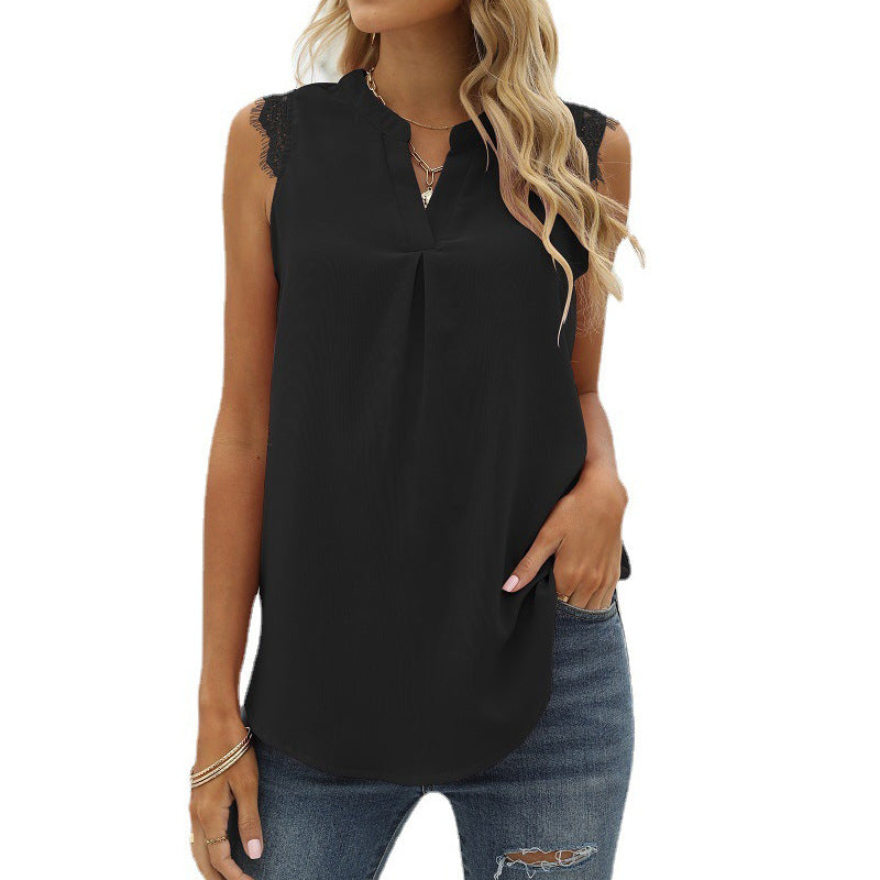 Women's sleeveless blouse shirt with elegant lace insert and fashionable pleats