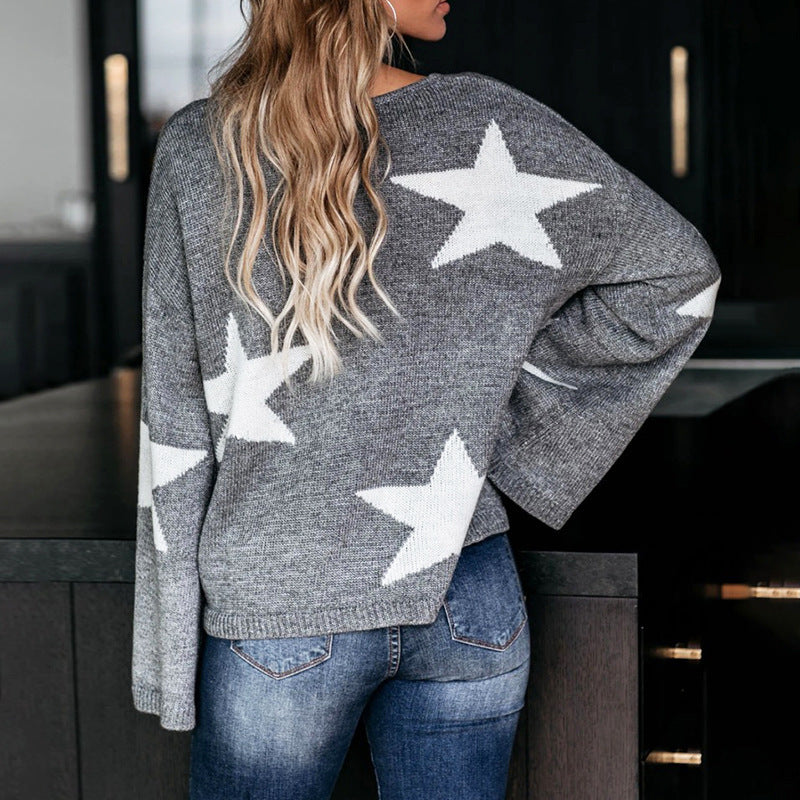 Women's fashionable pullover with wide sleeves and star motif