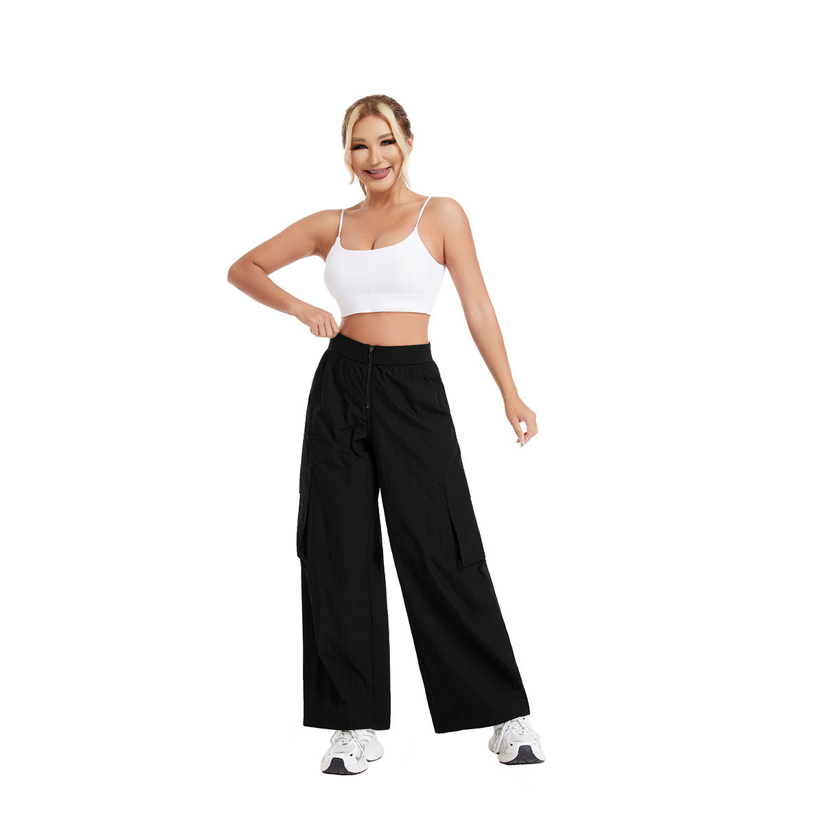 Women's High-Waisted Casual Cargo Pants with Wide Legs and Practical Side Pockets