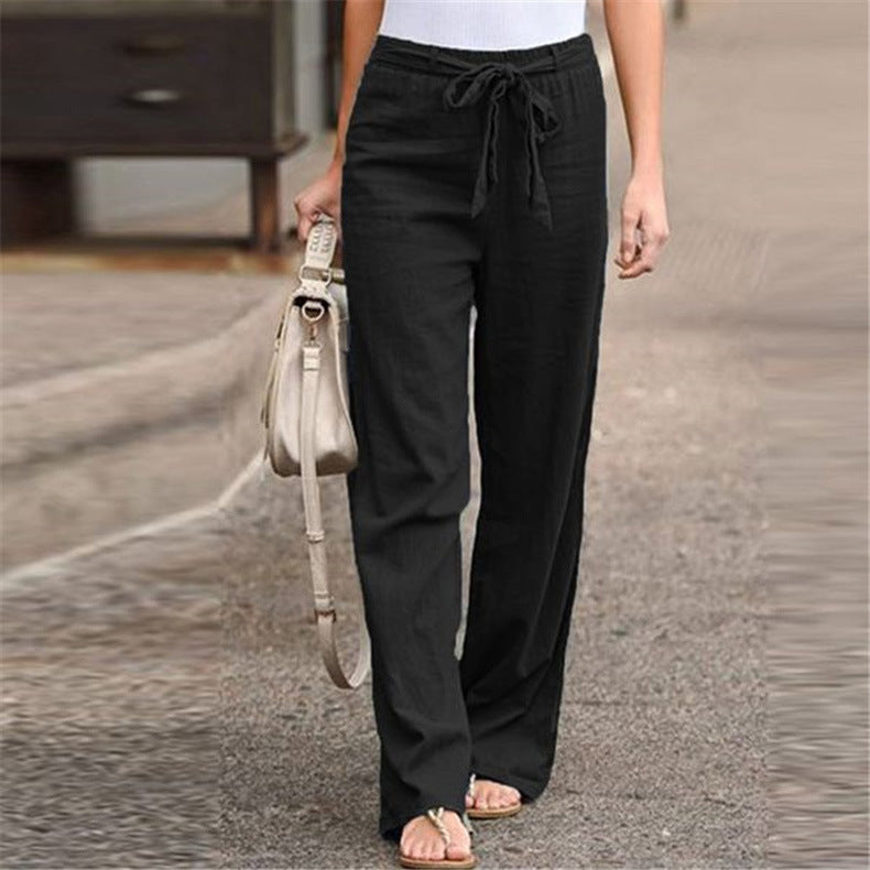 Women's comfortable linen pants with elastic waistband and adjustable tie belt