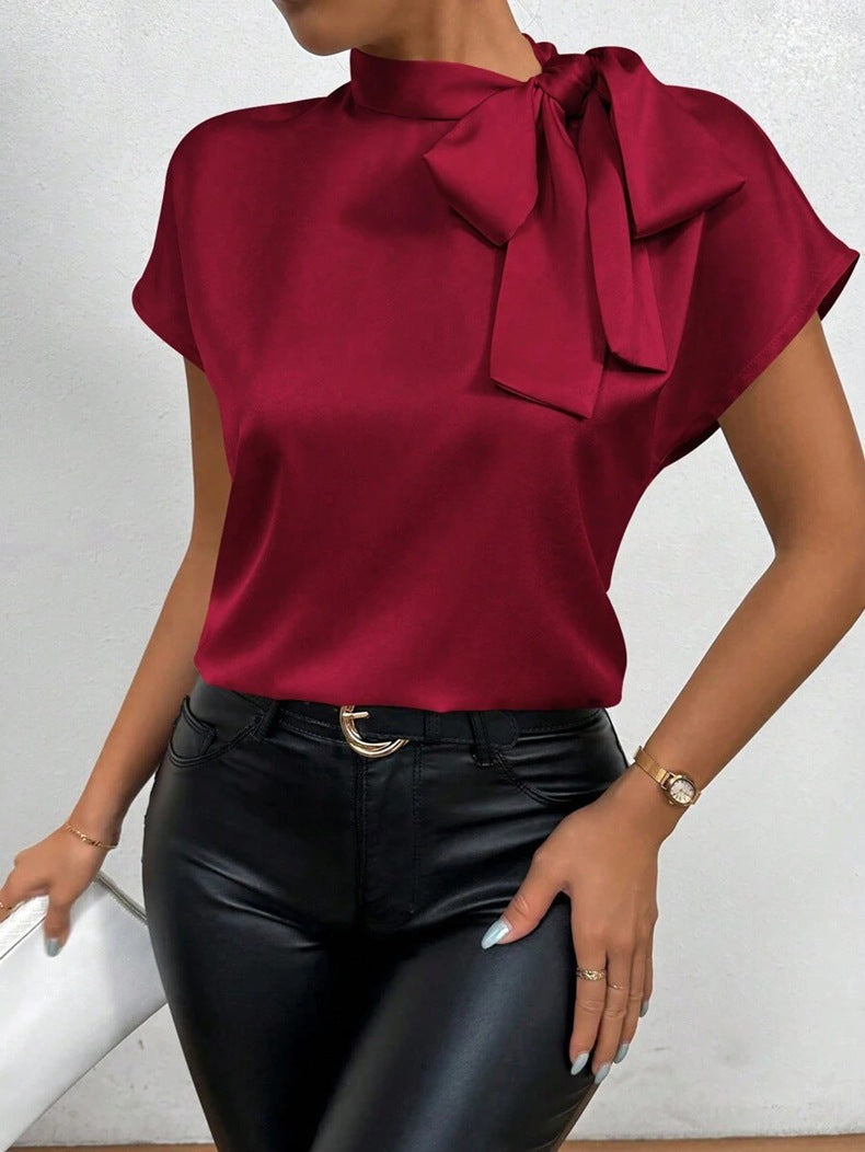 Satin Blouse Short Sleeve High Collar With Bow Elegant Relaxed Fit