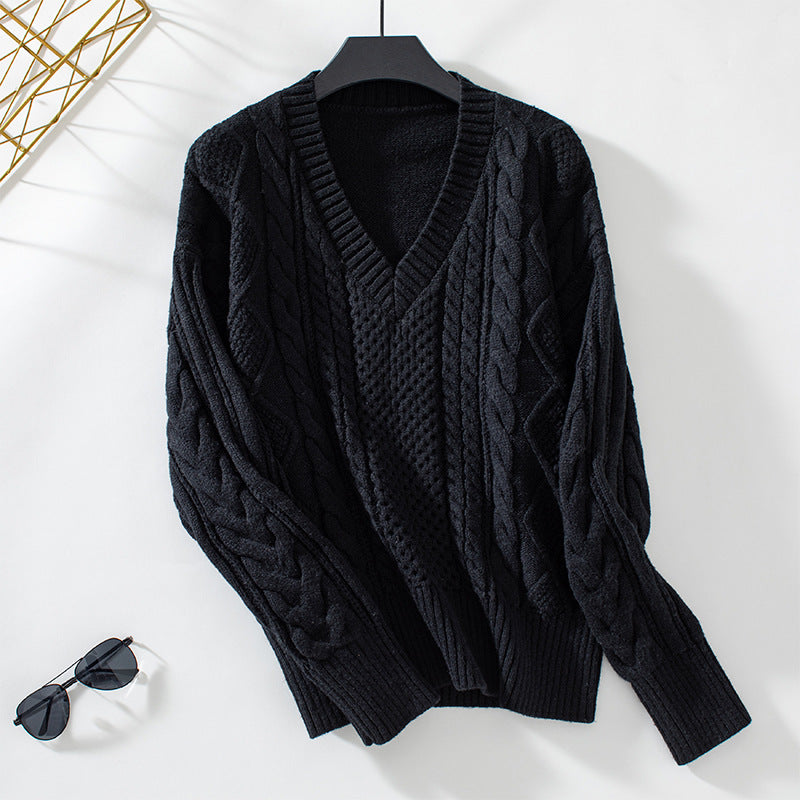 Women's fashionable knitted pullover with deep V-neck and cable pattern