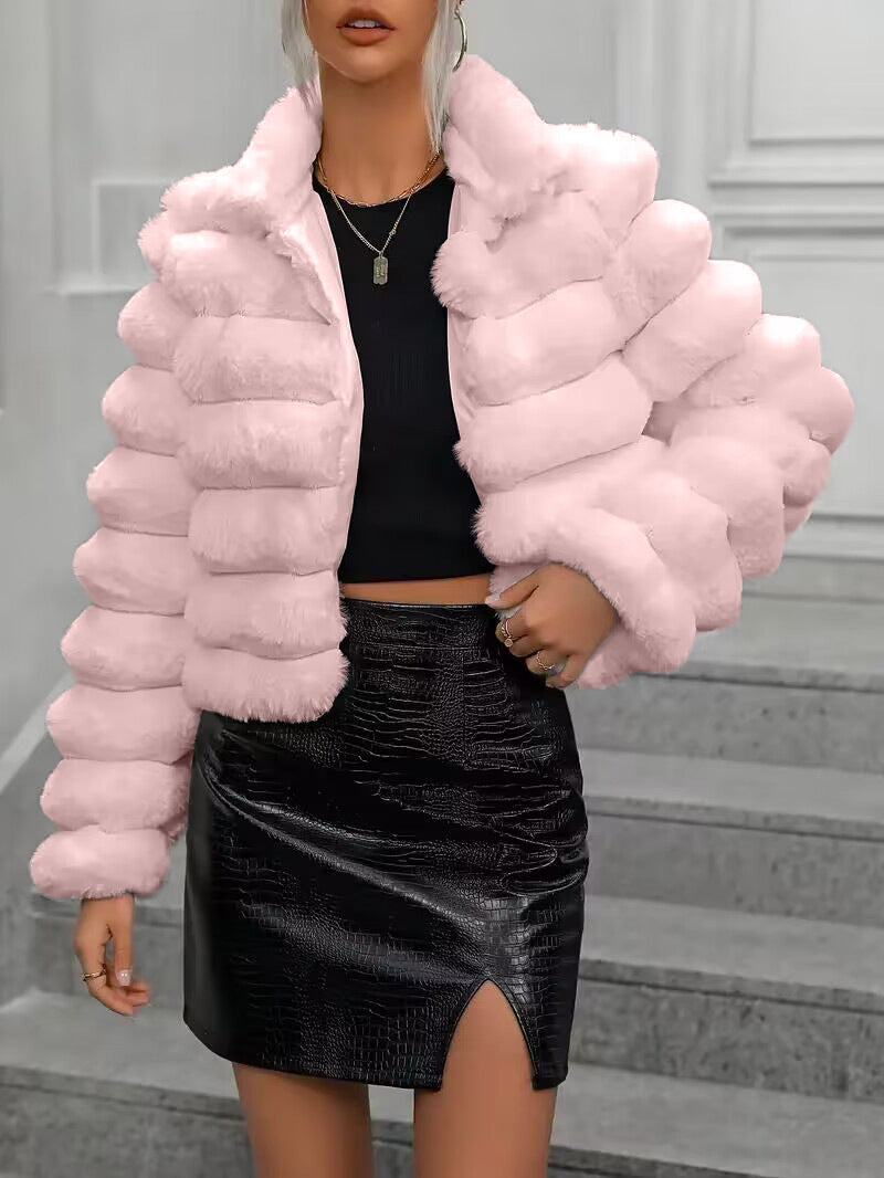 Women's Short, Quilted Faux Fur Jacket with High Collar