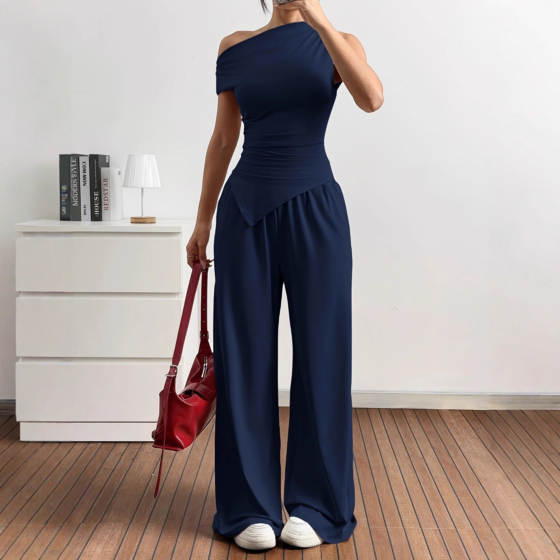 Ladies Elegant Jumpsuit Combination with Asymmetric Top and Wide Leg