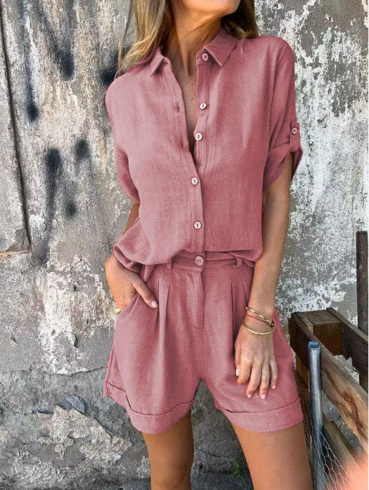 Women's casual jumpsuit with buttoned top and practical waist drawstring