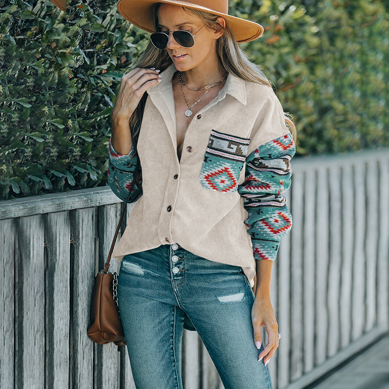 Ladies cord jacket with decorative ethnic pattern