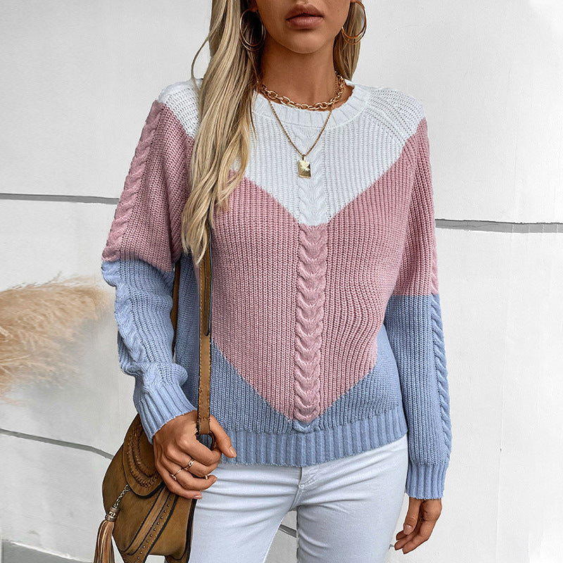 Ladies fashionable knit pullover with geometric pattern and cable ribs