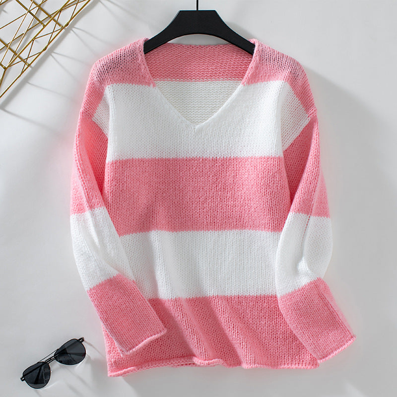 Women's casual V-neck knitted pullover with generous stripe pattern