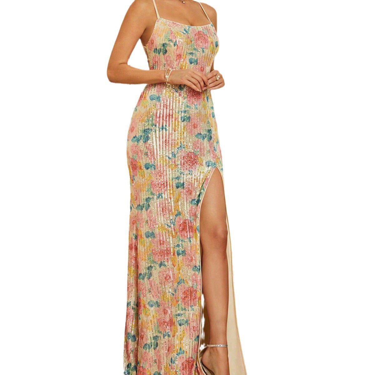 Ladies Glittering Evening Dress with Floral Design and High Split