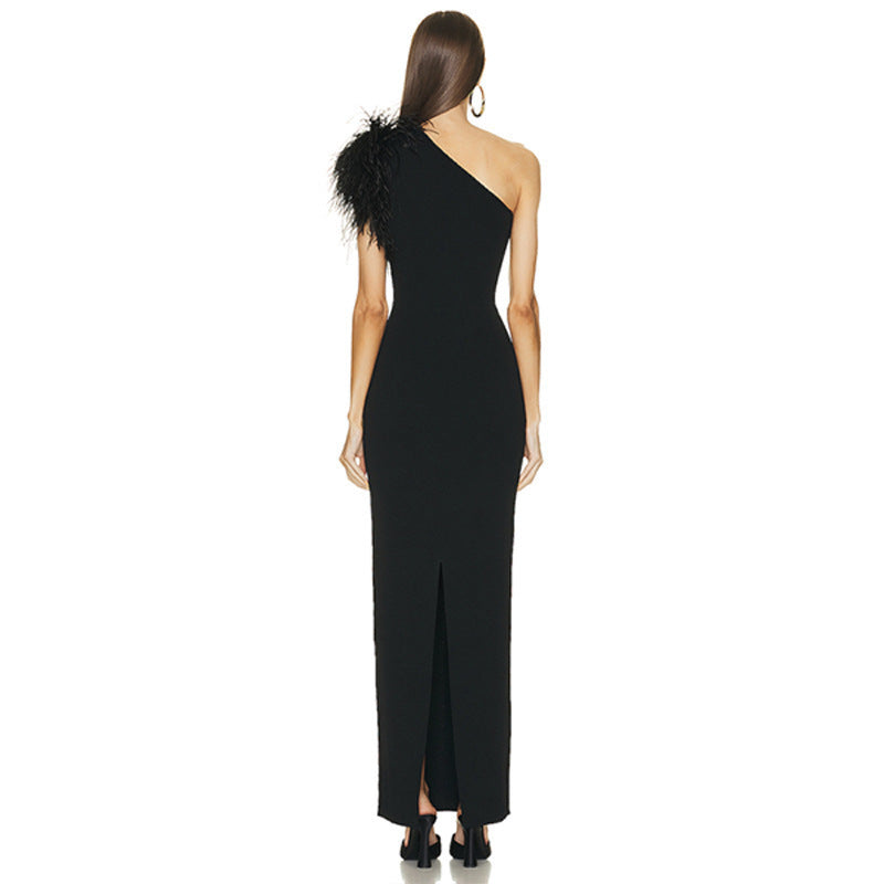Women's Elegant Bodycon Evening Dress with Asymmetric Strap and Feather Details