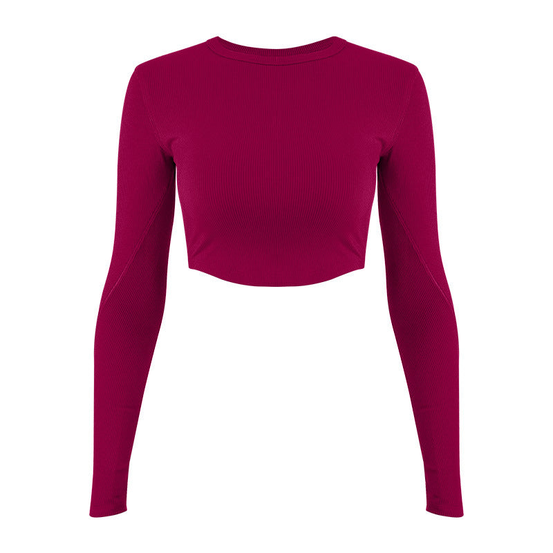 Women's stylish long sleeve crop top made of elastic ribbed material with round neckline