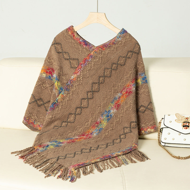 Ladies fashion wrap sweater with fringed hem and unique pattern