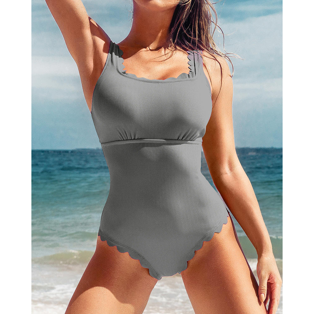 Women wavy design rib knit one-piece swimsuit