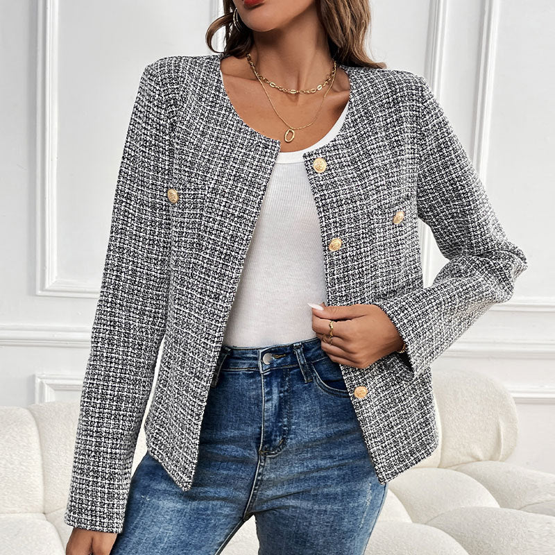 Women Elegant Tweed Jacket with Double Button Placket and Textured Fabric