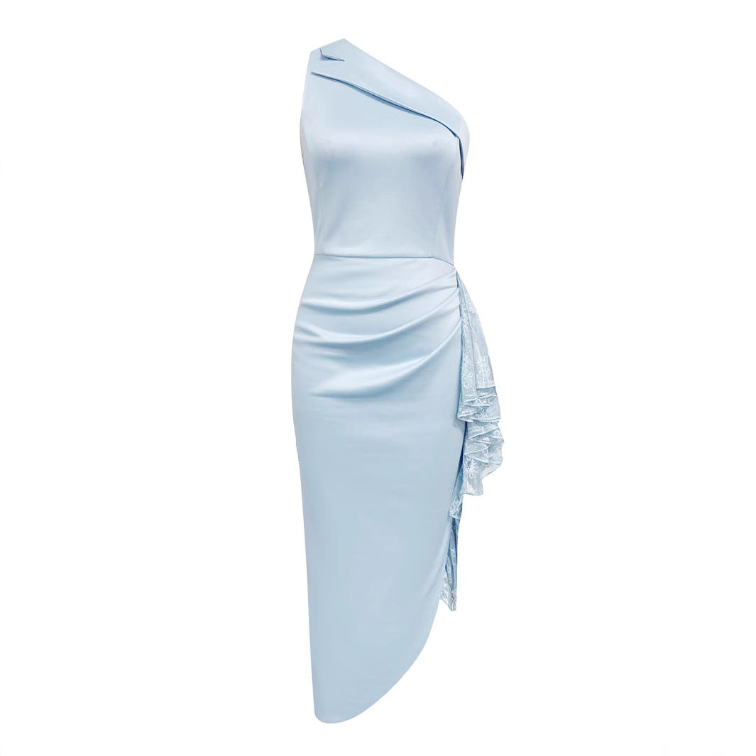 Ladies Elegant One-Shoulder Midi Dress with Ruffle Accent