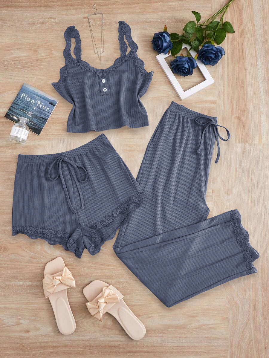 Women's Fashion Pajama Set with Lace Accents
