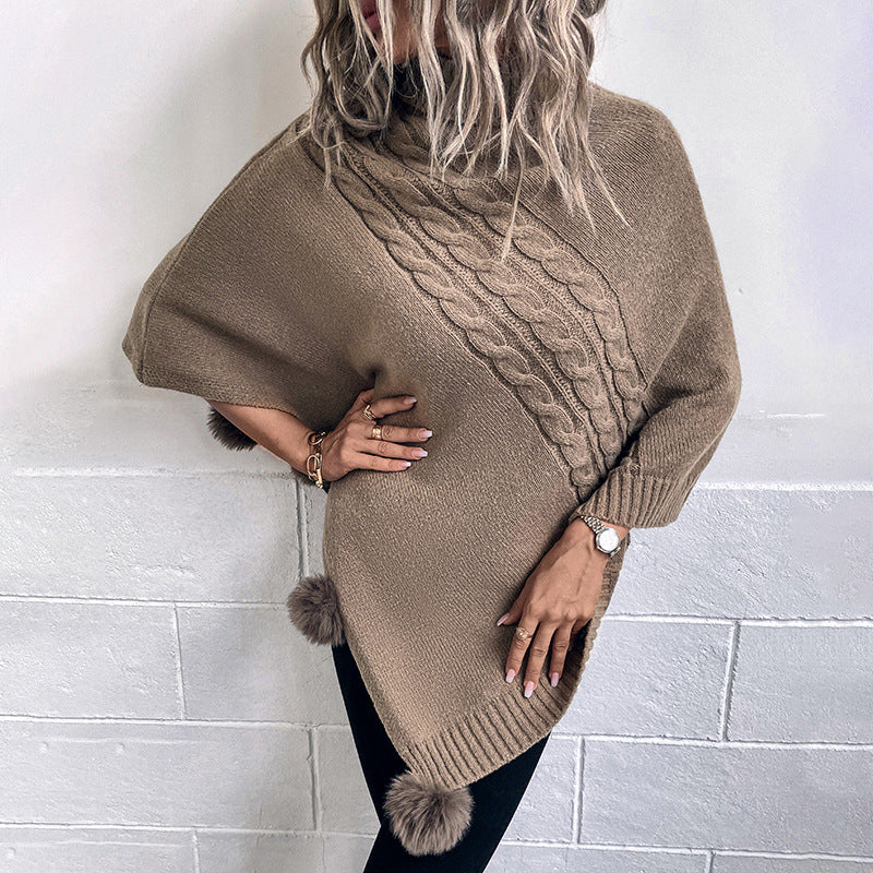Ladies poncho with modern braid design and a high collar