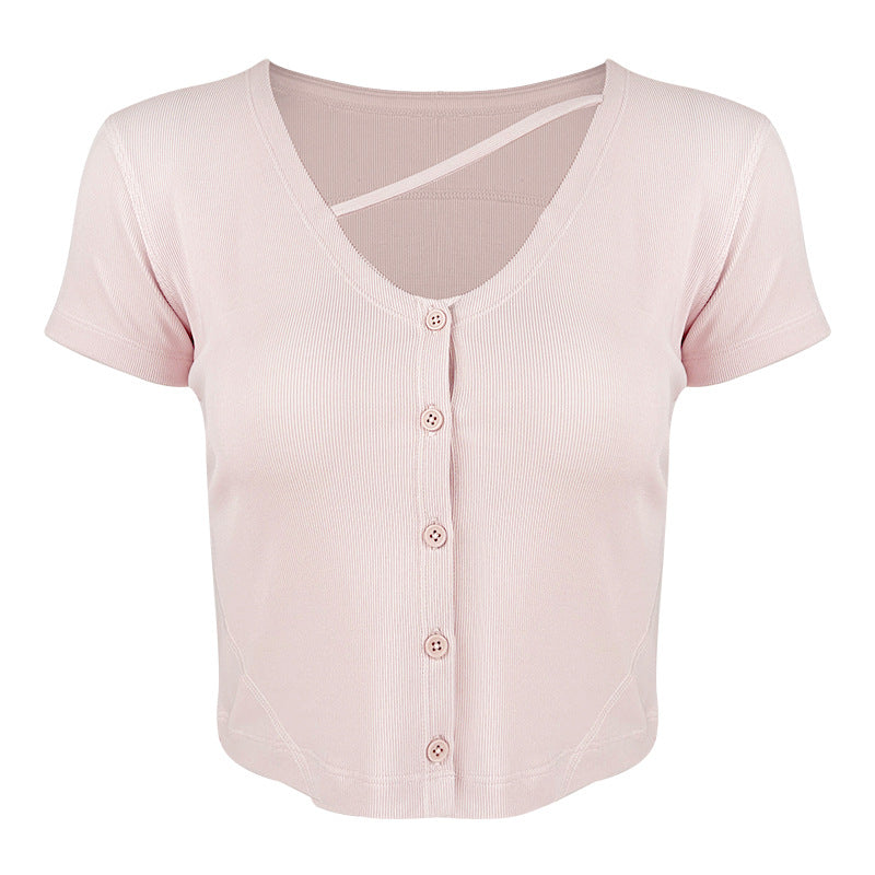 Women's short sports top with stylish V-neck and button placket