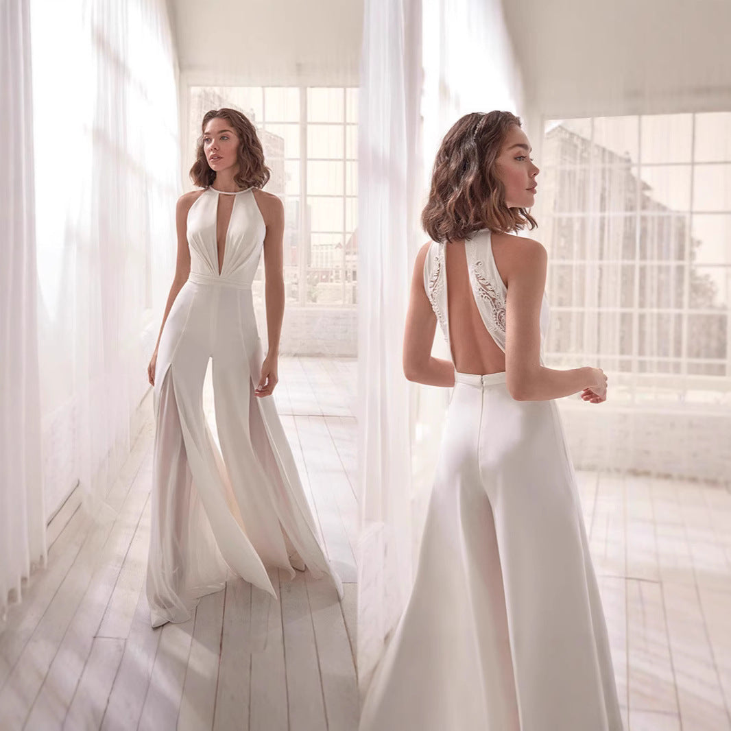 Ladies Elegant Evening Jumpsuit with Deep V-Neck and Flowing Skirt