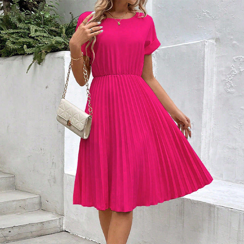 Women's Pleated Midi Dress with Elastic Waist and Short Sleeves