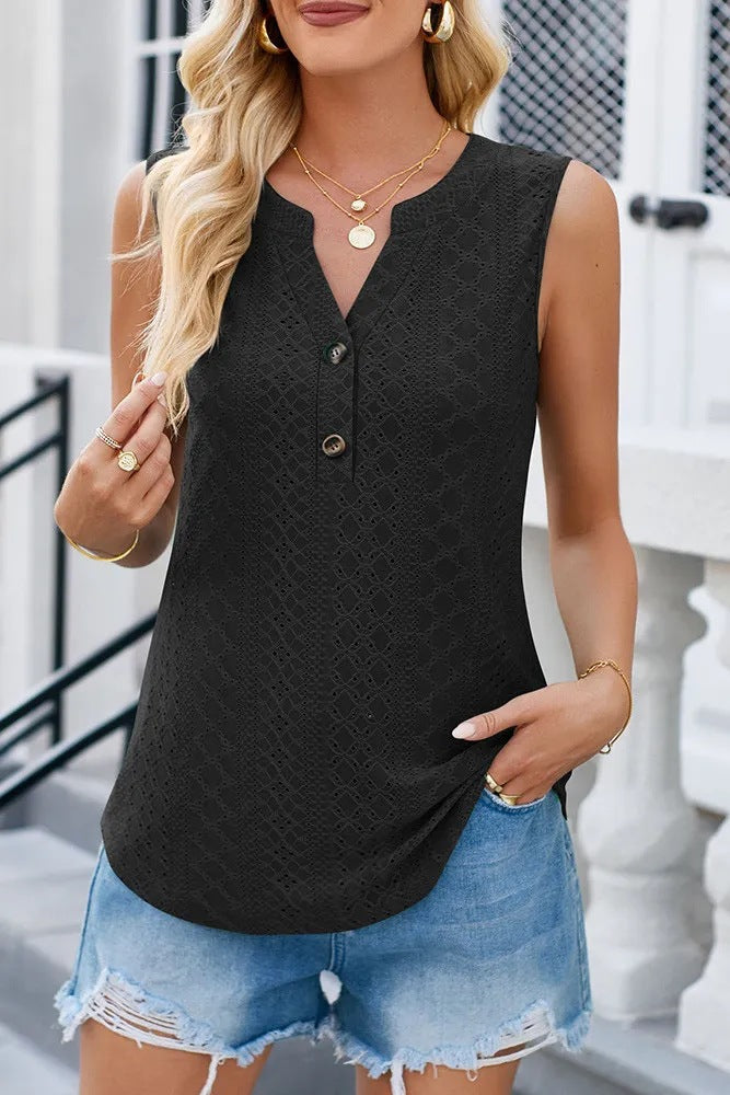 Women's sleeveless blouse top with button-decorated details and fine lace pattern