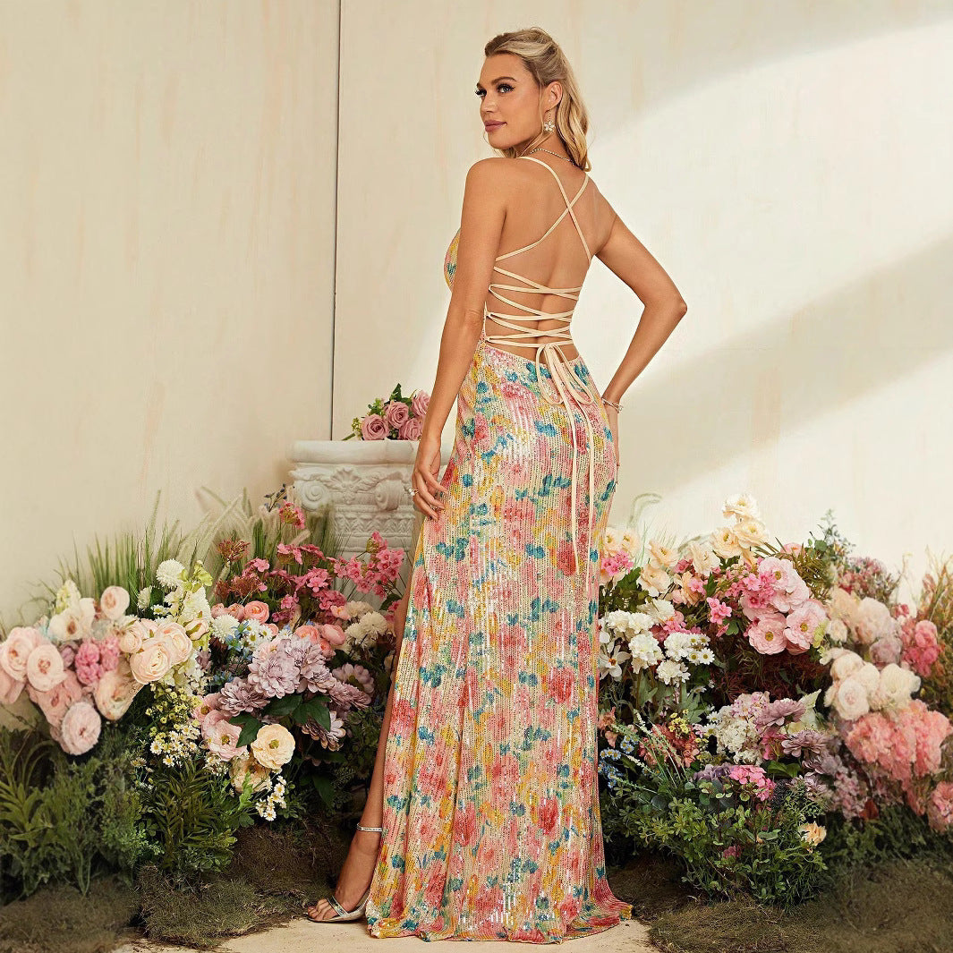 Ladies Glittering Evening Dress with Floral Design and High Split