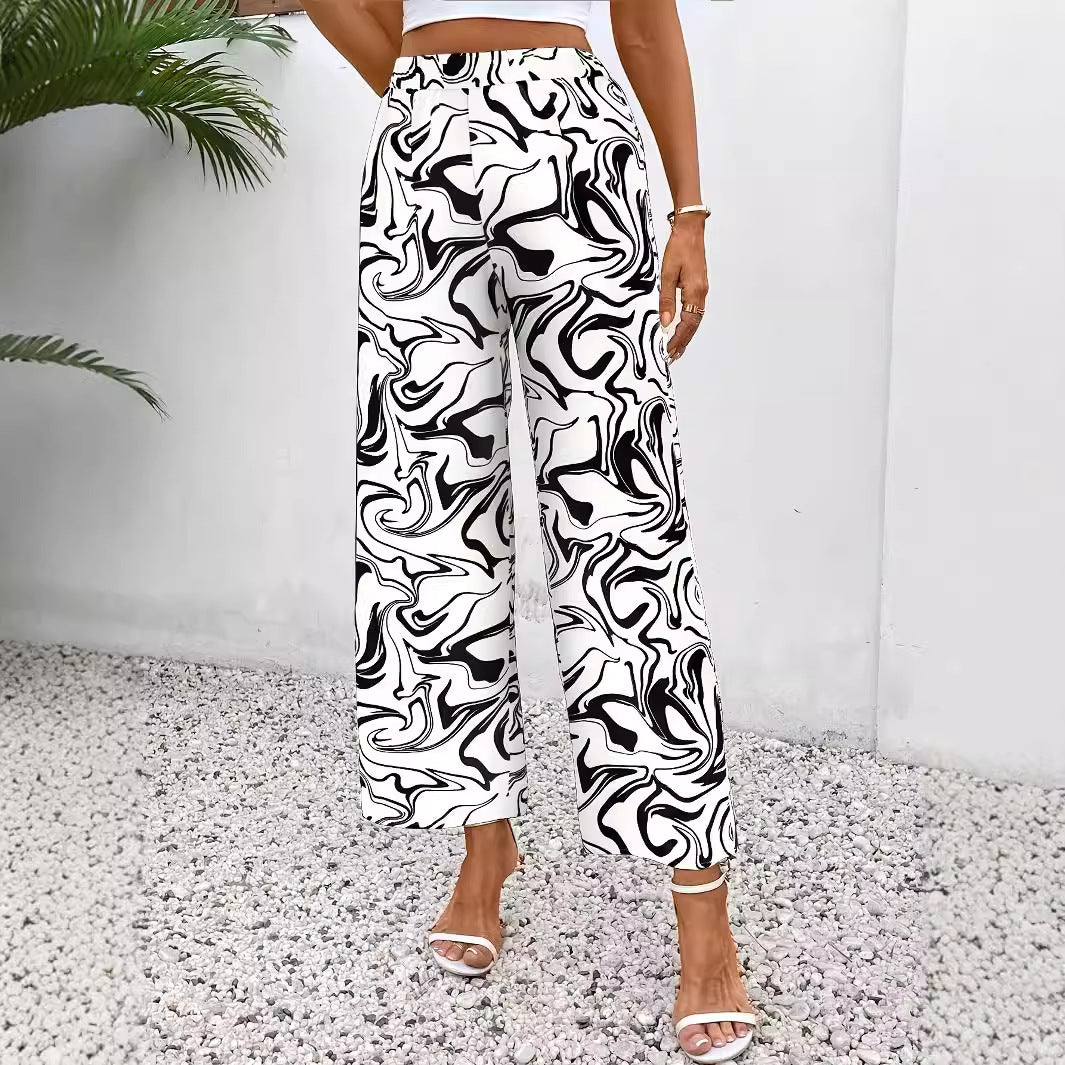 Ladies Wide Palazzo Pants with Modern Marble Print and Elastic Waistband