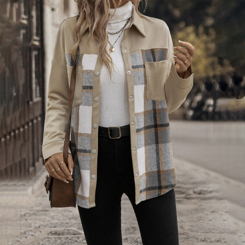 Women's Stylish Check Shirt Jacket with Chest Pockets and Button Placket