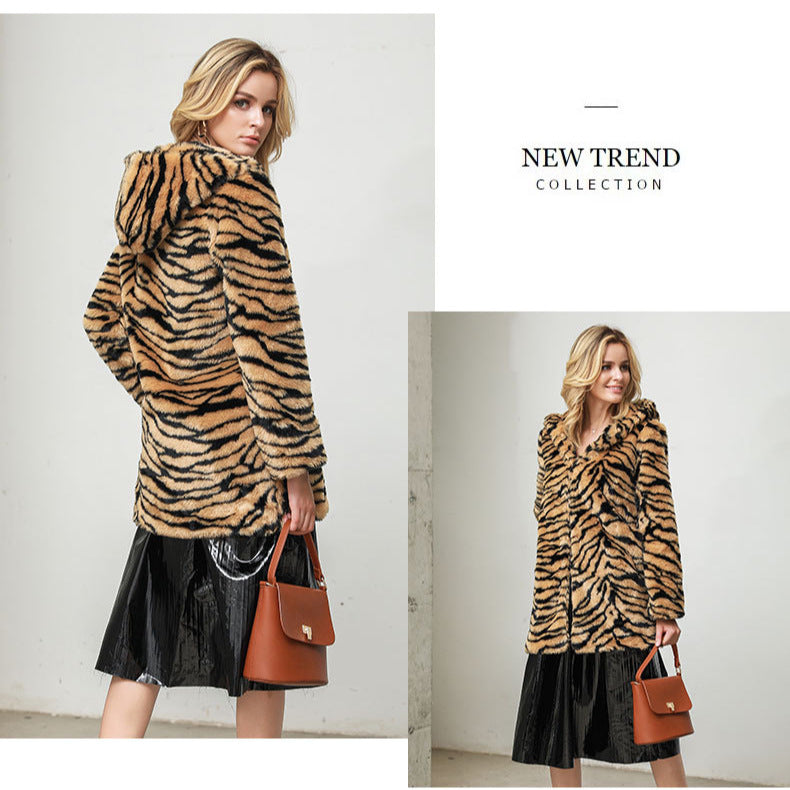 Ladies faux fur jacket with tiger stripe pattern