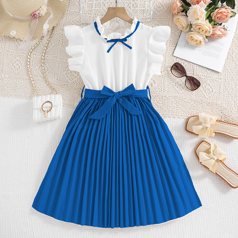 Girls Pleated Skirt Dress with Puff Sleeves and Waist Knot