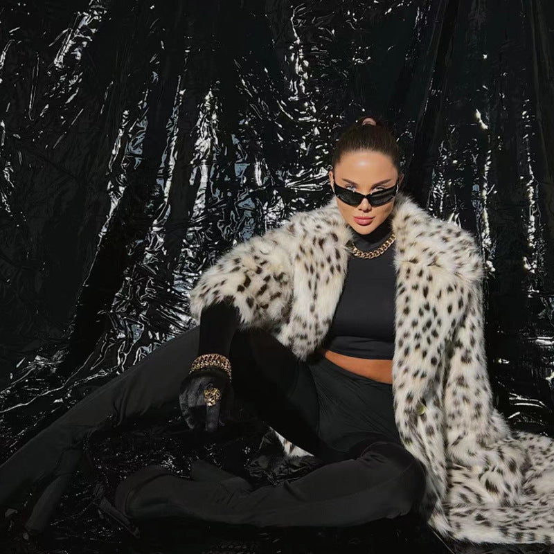 Ladies Luxurious Faux Fur Coat with Leopard Print