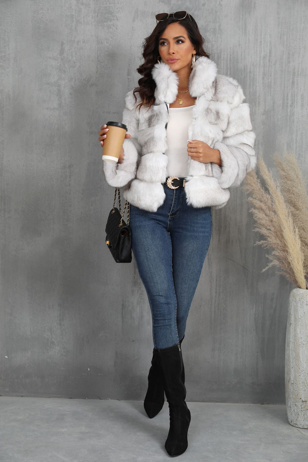 Women's Fashion Faux Fur Jacket with Voluminous Collar and Softly Padded Sleeves