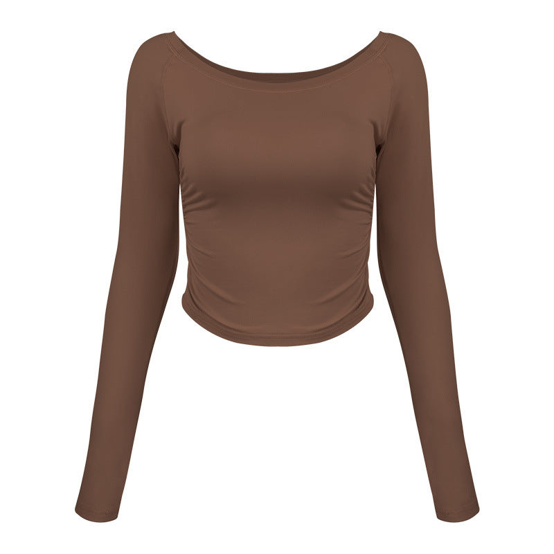 Ladies fitted long sleeve shirt with elegant gathering and round neckline