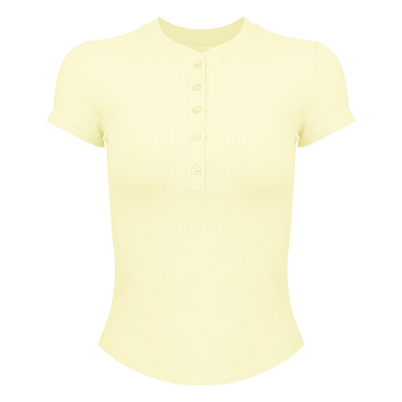 Women's modern short sleeve Henley shirt with button placket and fine rib structure