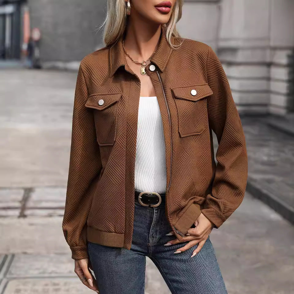 Women's modern utility jacket with structured outer material and practical pockets