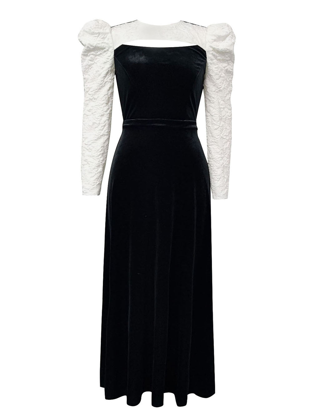 Ladies Velvet Evening Dress with Puff Sleeves and Transparent Top