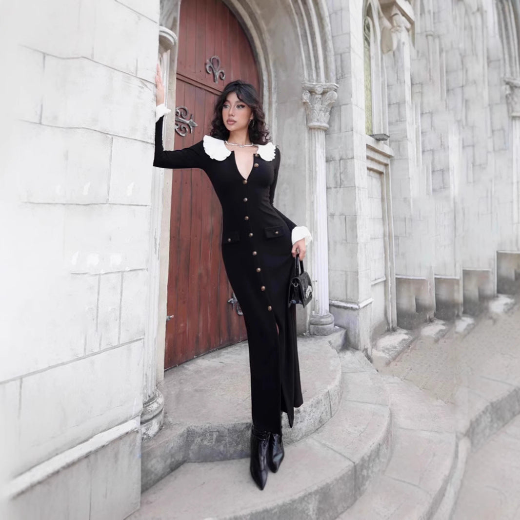 Women's Elegant Dress with Detachable Collar and Side Slit
