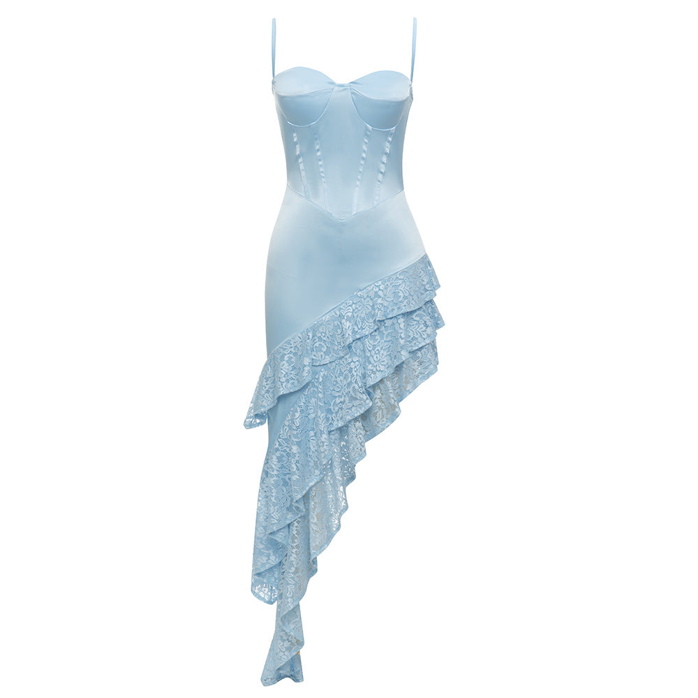 Ladies Elegant Wrap Dress with Lace Appliqués