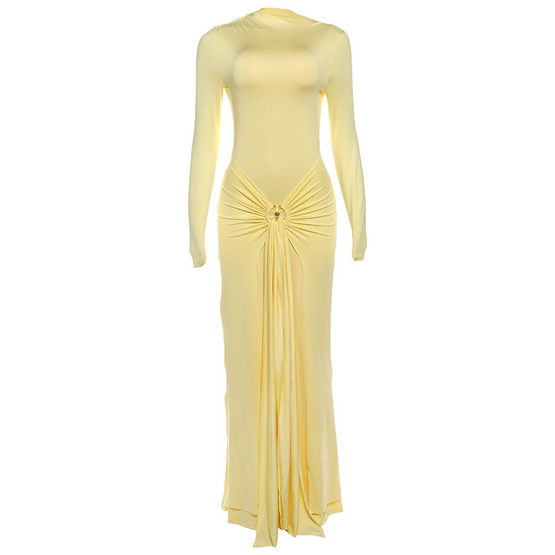 Ladies Elegant Long Sleeve Dress with Refined Draping and Jewelry Detail