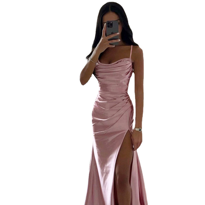 Lacing Pleats Slit Satin Slim Fit Bodycon Dress