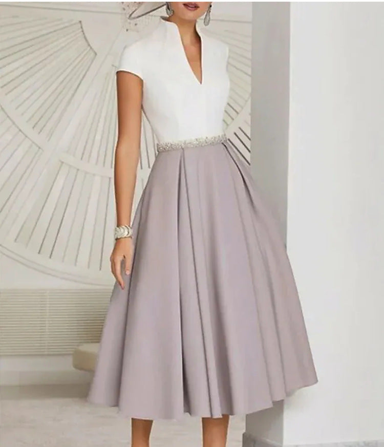 White Color Block V-neck Flared Summer Dress