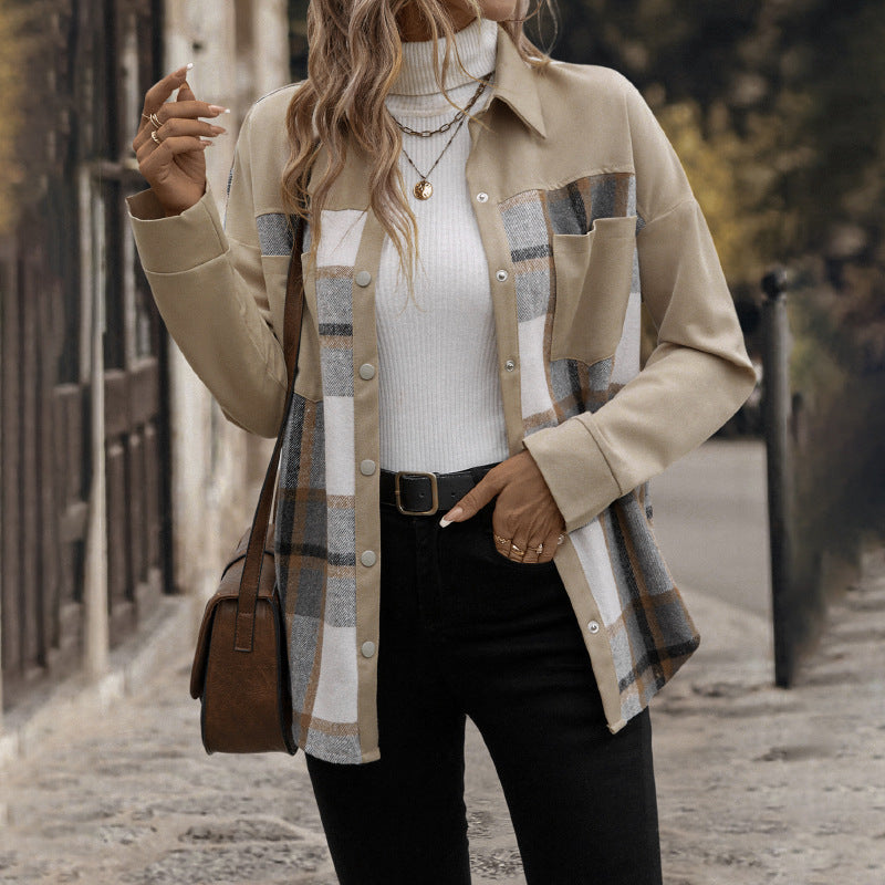 Women's Stylish Check Shirt Jacket with Chest Pockets and Button Placket