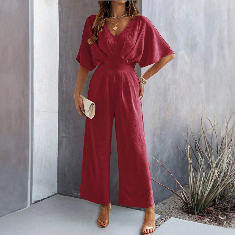 Ladies Wide Cut Jumpsuit with Elegant Draping and V-Neck