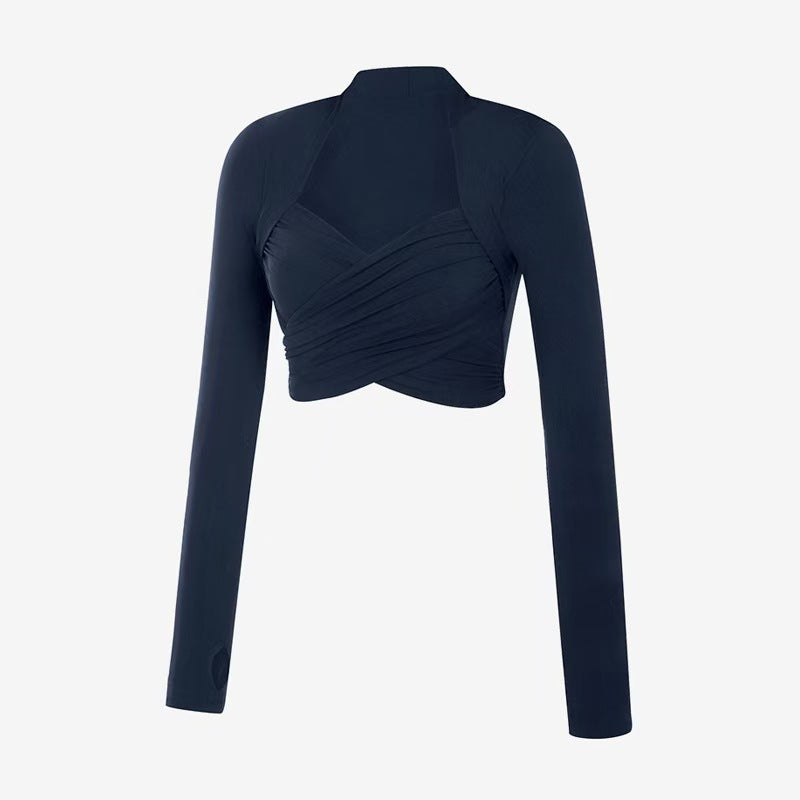 Women's elegant long sleeve crop top with sophisticated wrap detail and high comfort