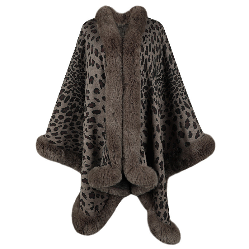 Women's cozy poncho with luxurious faux fur trim and leopard print